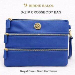 Birdie Balou 3-Zip Royal Blue Crossbody Bag | Faux Leather, Gold Hardware